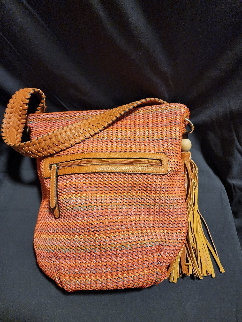 Sondra Roberts Squared Orange Woven Hobo Shoulder Bag with Tassel Braided Strap